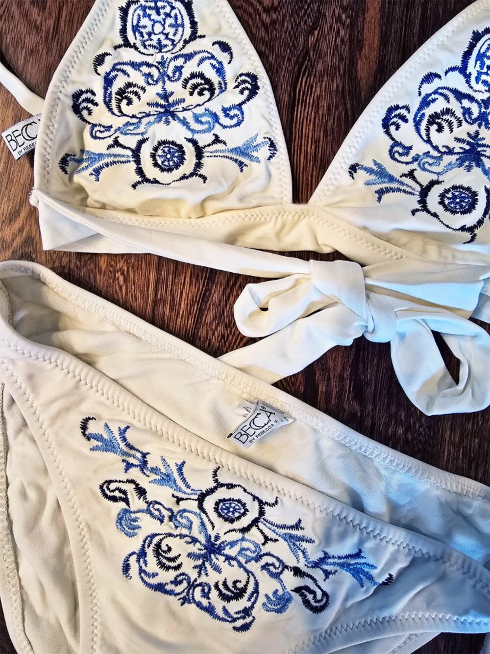 Anthropologie Becca White & Blue Porcelain Triangle Halter Bikini Size Medium
